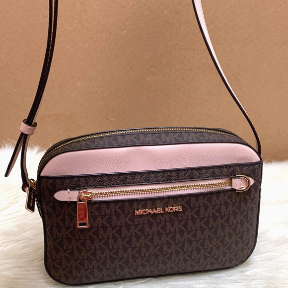MICHAEL KORS Jet Set Logo Chain Camera XBody Bag Dark Brown Logo Pink Trim - Picture 8 of 16